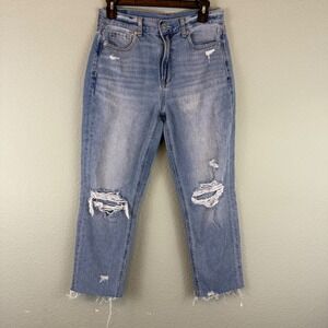 American Eagle High Waisted Mom Jeans Size 4 Short Light Wash Distressed Raw Hem
